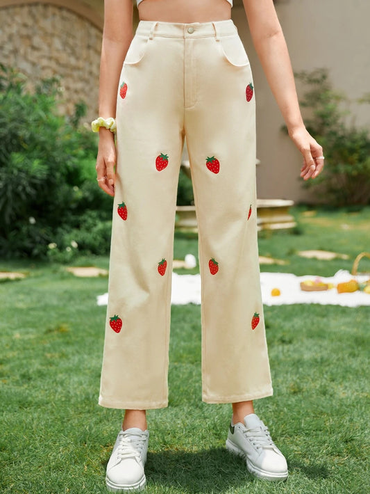 CM-BS819119 Women Casual Seoul Style Strawberry Print Straight Leg Pants - Beige