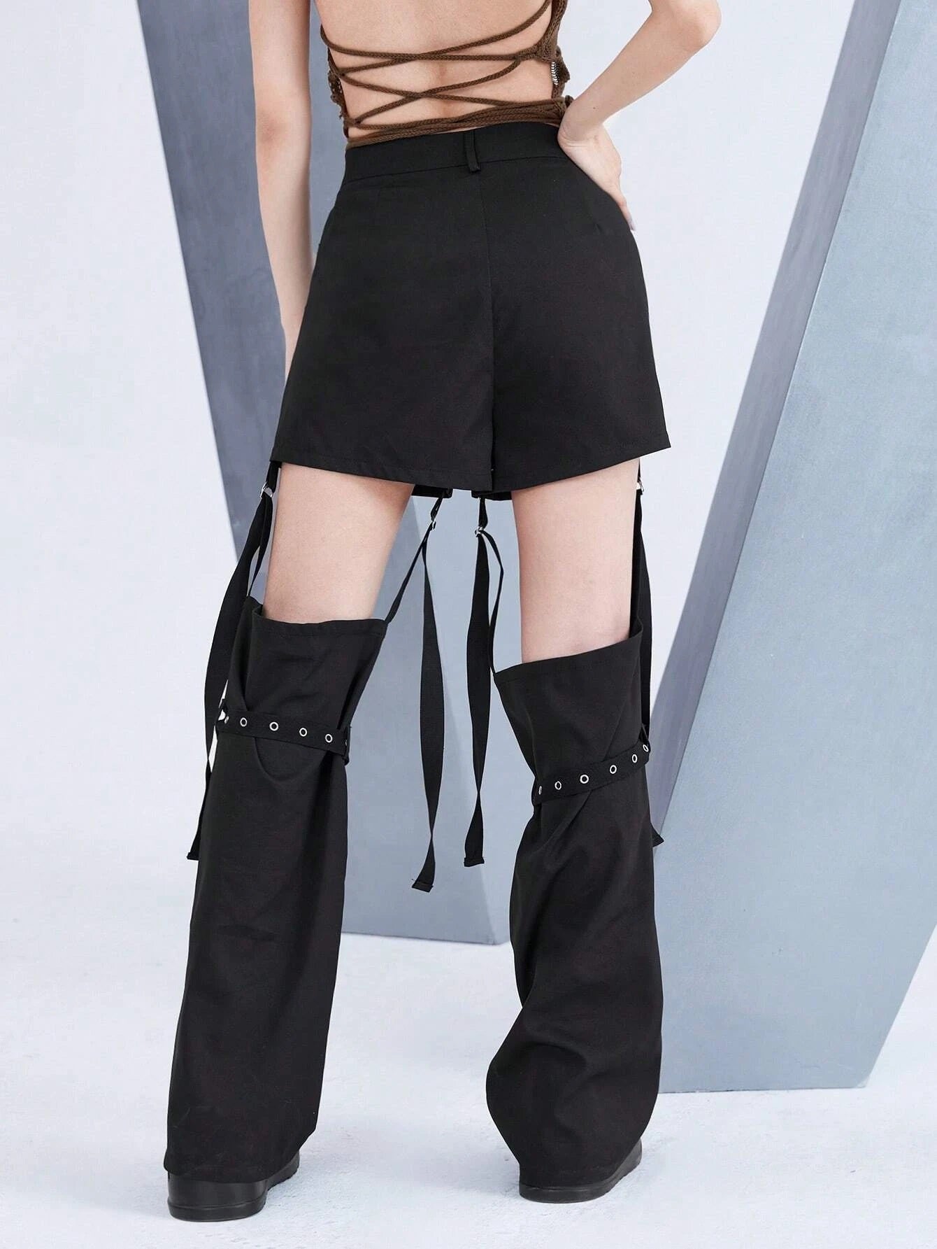 CM-BS956851 Women Casual Seoul Style Solid Cut Out Grommet Eyelet Buckle Detail Pants