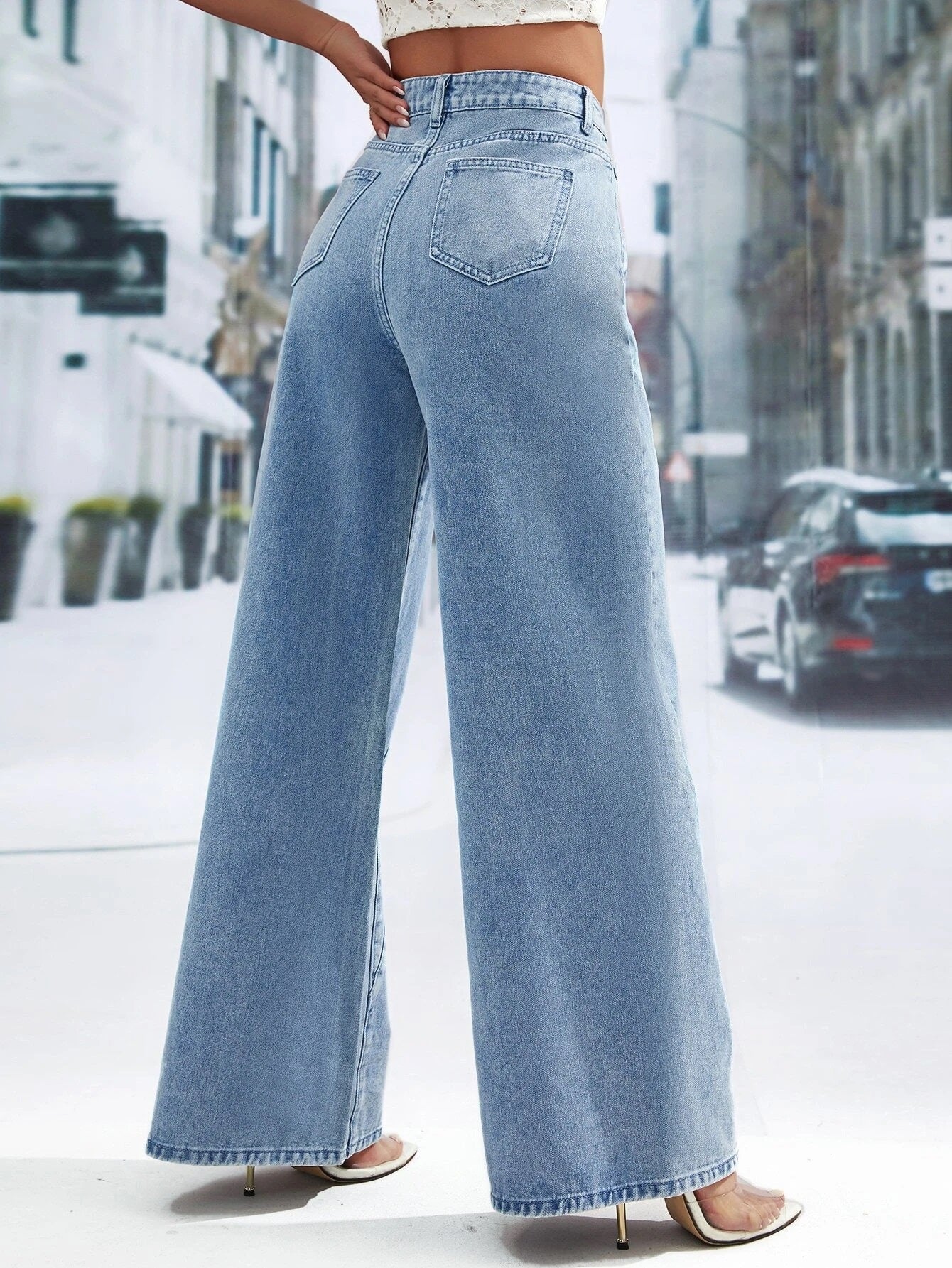 CM-BS559485 Women Preppy Seoul Style Light Wash High Waist Wide Leg Jeans
