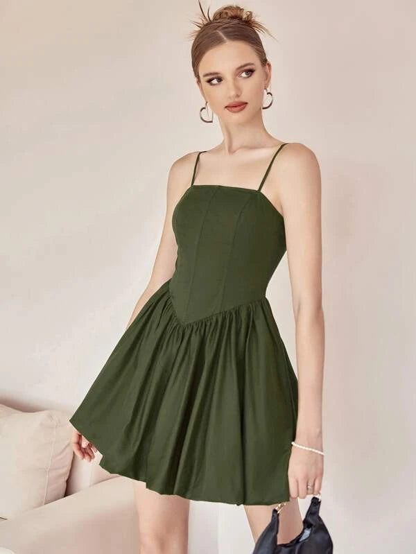 CM-DS210007 Women Elegant Seoul Style Zip Back Flare Hem Cami Dress - Army Green