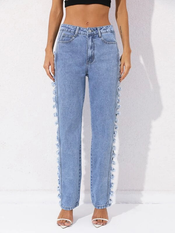 CM-BS888885 Women Elegant Seoul Style Ladder Cut Out Frayed Straight Leg Jeans