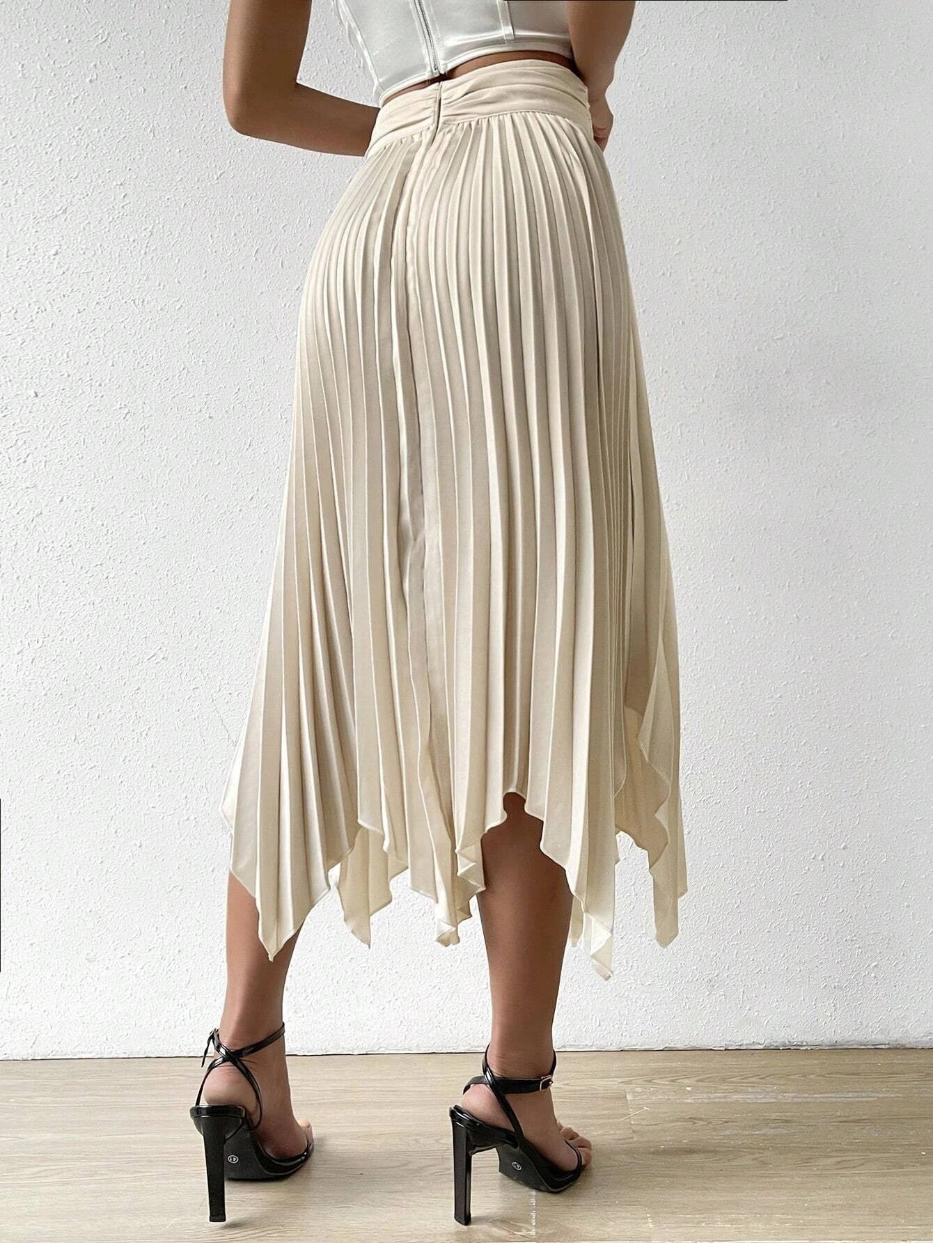 CM-BS059490 Women Casual Seoul Style Solid Hanky Hem Pleated Skirt - Apricot