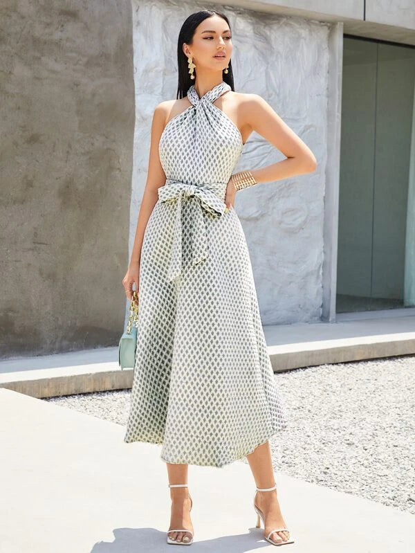 CM-DS071777 Women Elegant Seoul Style Argyle Pattern Belted Halter Dress