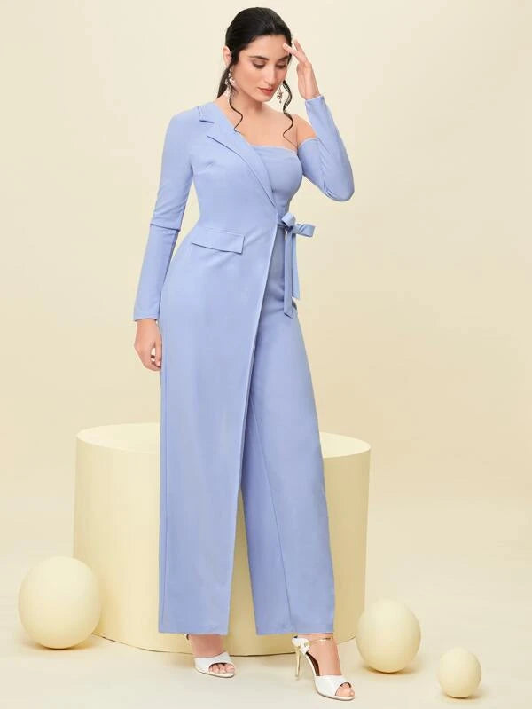 CM-JS800997 Women Elegant Seoul Style Asymmetrical Neck Knot Side Jumpsuit