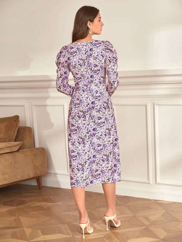 CM-DS662506 Women Casual Seoul Style Allover Floral Print Gigot Sleeve Dress