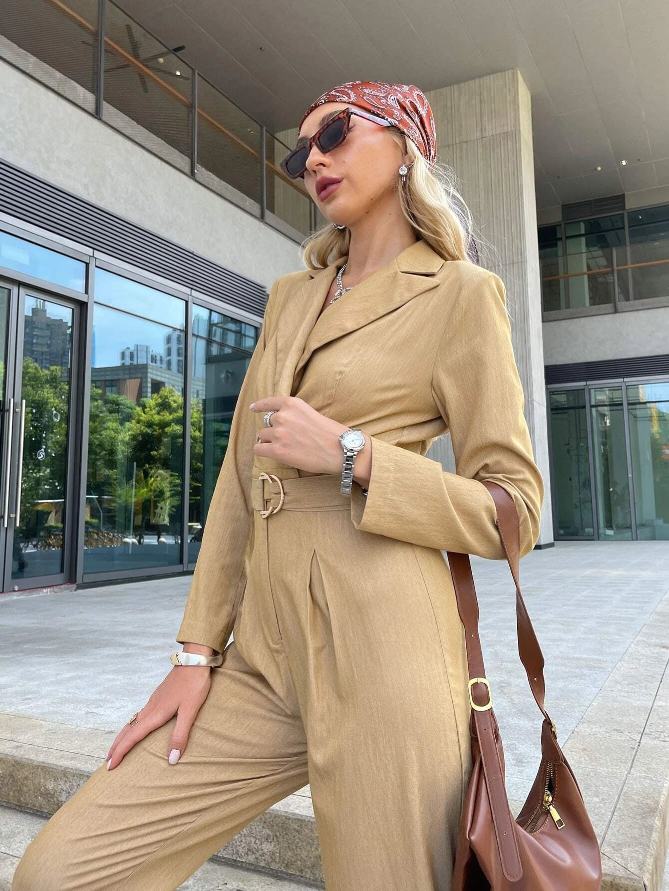 CM-JS974401 Women Casual Seoul Style Double Button Fold Pleated Belted Jumpsuit