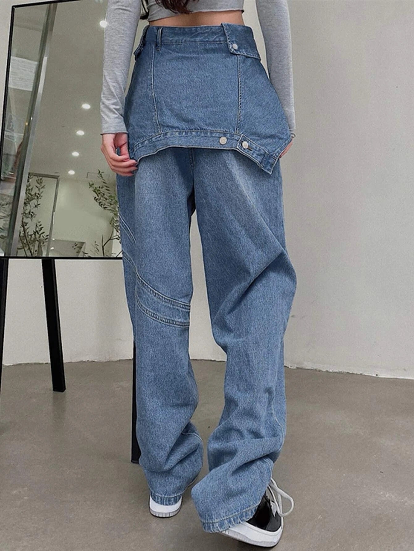 CM-BS173335 Women Preppy Seoul Style Solid High Waist Wide Leg Jeans