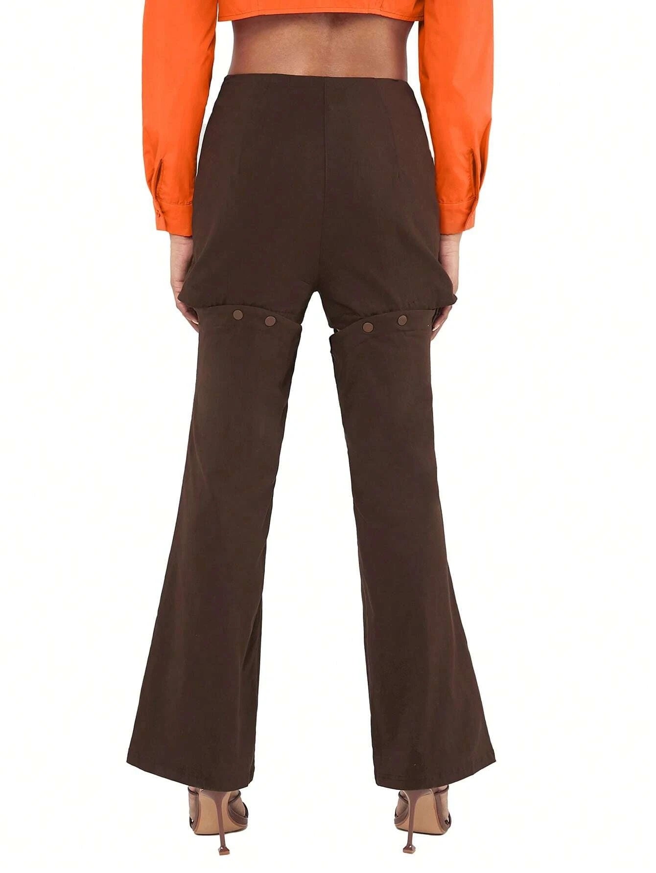 CM-BS644649 Women Casual Seoul Style Solid Button Detail Flare Leg Pants - Chocolate Brown