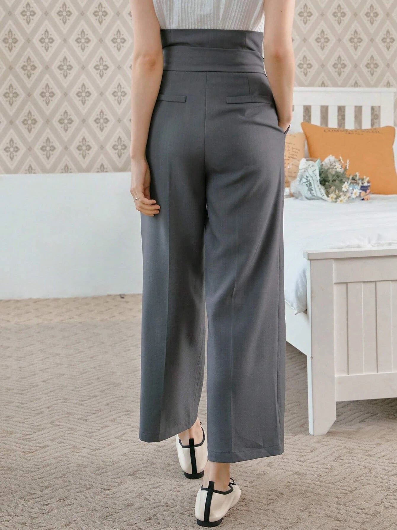 CM-BS646029 Women Casual Seoul Style High Waist Belted Wide Leg Pants - Gray