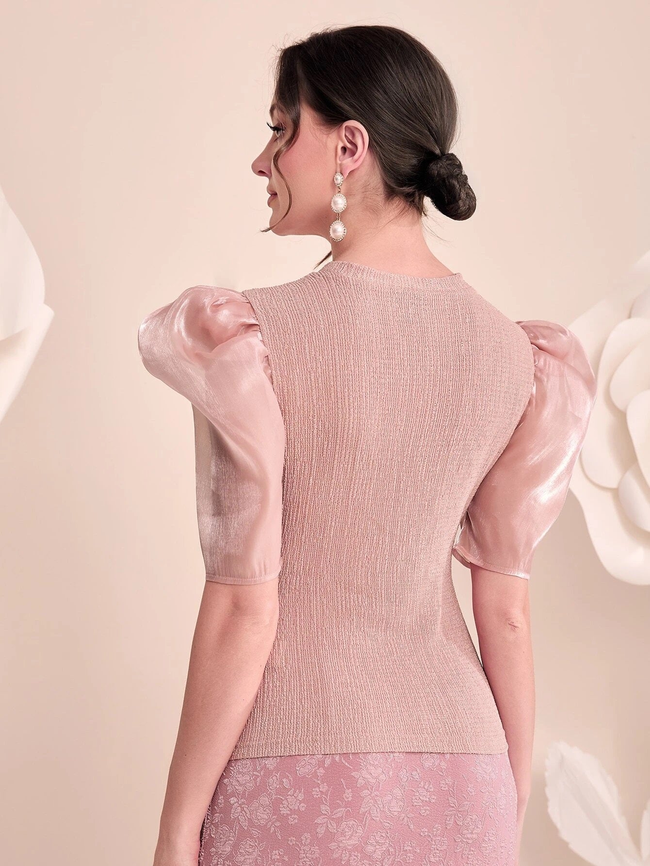 CM-TS660306 Women Elegant Seoul Style Puff Sleeve Rhinestone Detail Tee - Dusty Pink