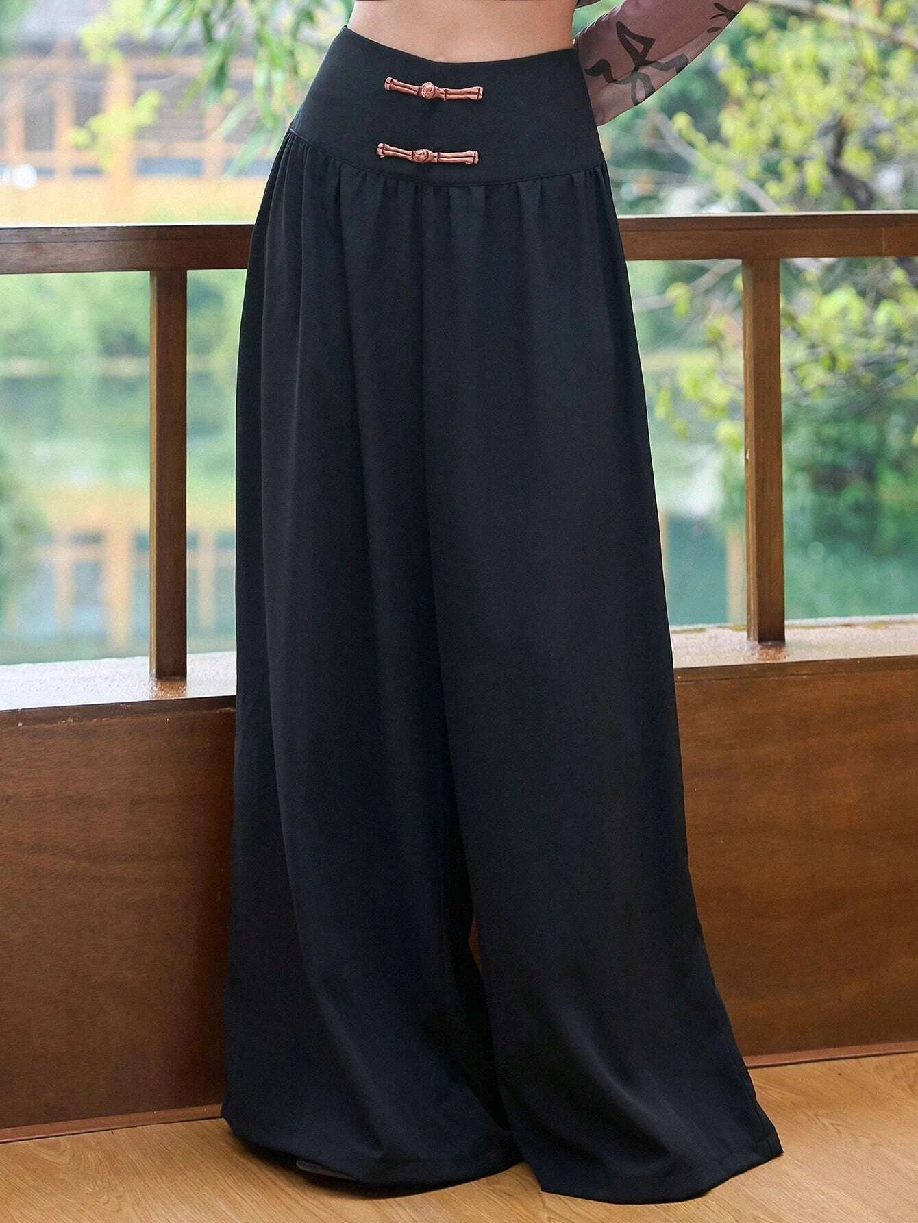 CM-BS191407 Women Elegant Seoul Style Solid Wide Leg Pants - Black