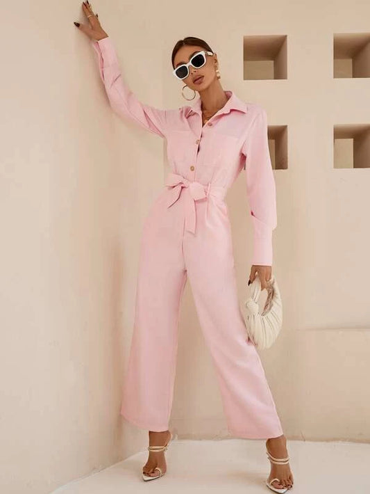 CM-JS255021 Women Elegant Seoul Style Dual Pocket Belted Jumpsuit - Baby Pink