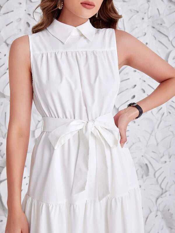 CM-DS863126 Women Casual Seoul Style Sleeveless Keyhole Back Ruffle Hem Belted Dress