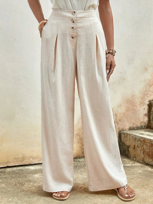 CM-BS263034 Women Trendy Bohemian Style High Waist Button Fly Wide Leg Pants - Apricot