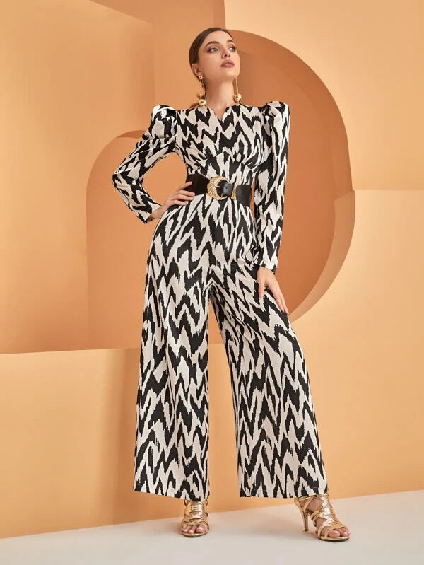 CM-JS086666 Women Elegant Seoul Style Chevron Print Gigot Sleeve Jumpsuit