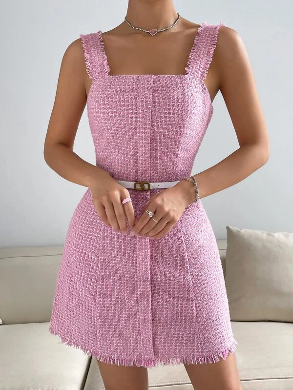 CM-DS632802 Women Elegant Seoul Style Sleeveless Raw Trim Tweed Dress - Baby Pink