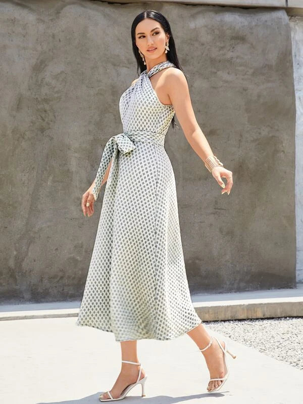 CM-DS071777 Women Elegant Seoul Style Argyle Pattern Belted Halter Dress