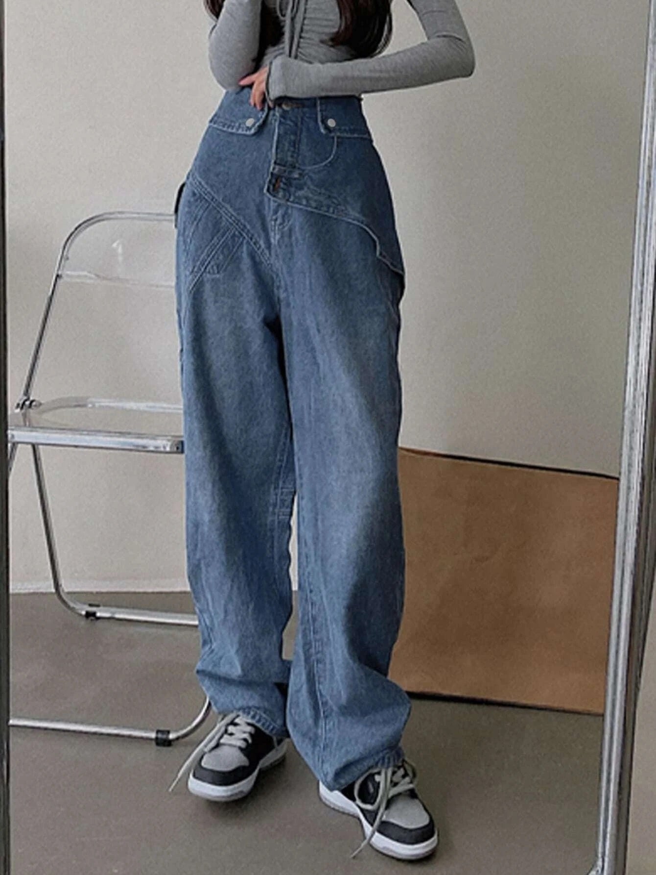 CM-BS173335 Women Preppy Seoul Style Solid High Waist Wide Leg Jeans