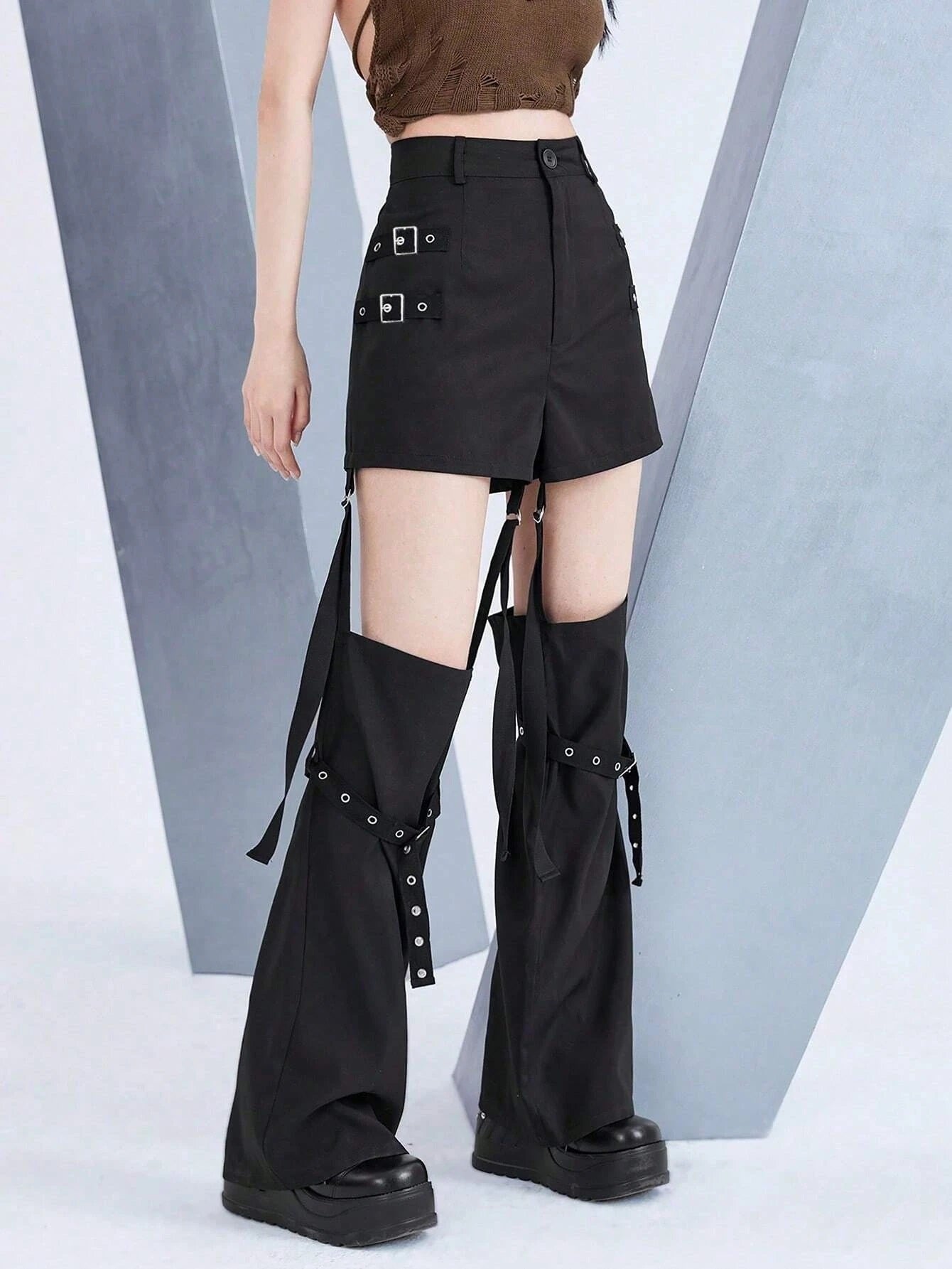CM-BS956851 Women Casual Seoul Style Solid Cut Out Grommet Eyelet Buckle Detail Pants