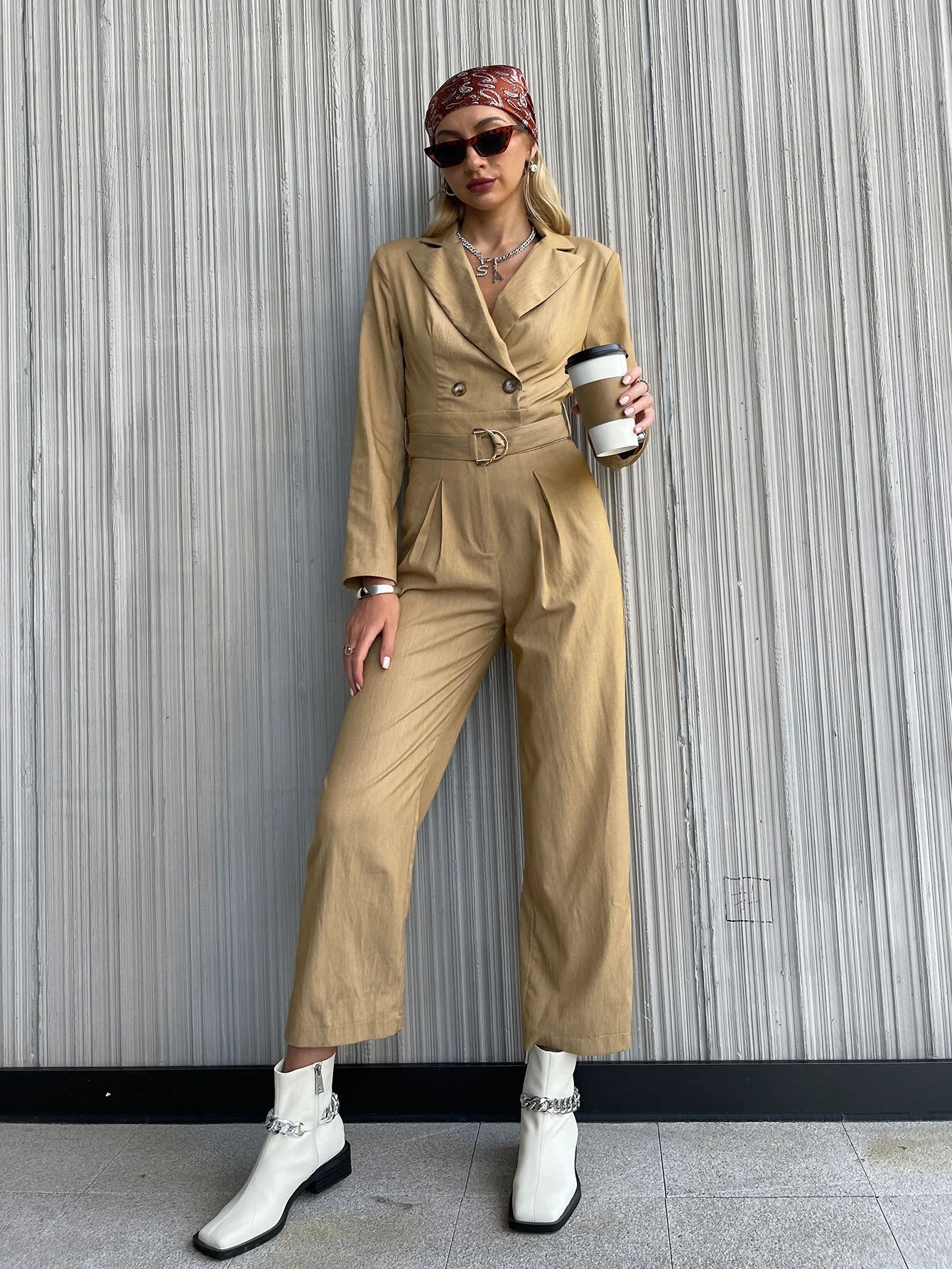 CM-JS974401 Women Casual Seoul Style Double Button Fold Pleated Belted Jumpsuit