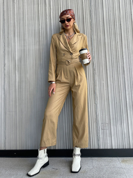 CM-JS974401 Women Casual Seoul Style Double Button Fold Pleated Belted Jumpsuit