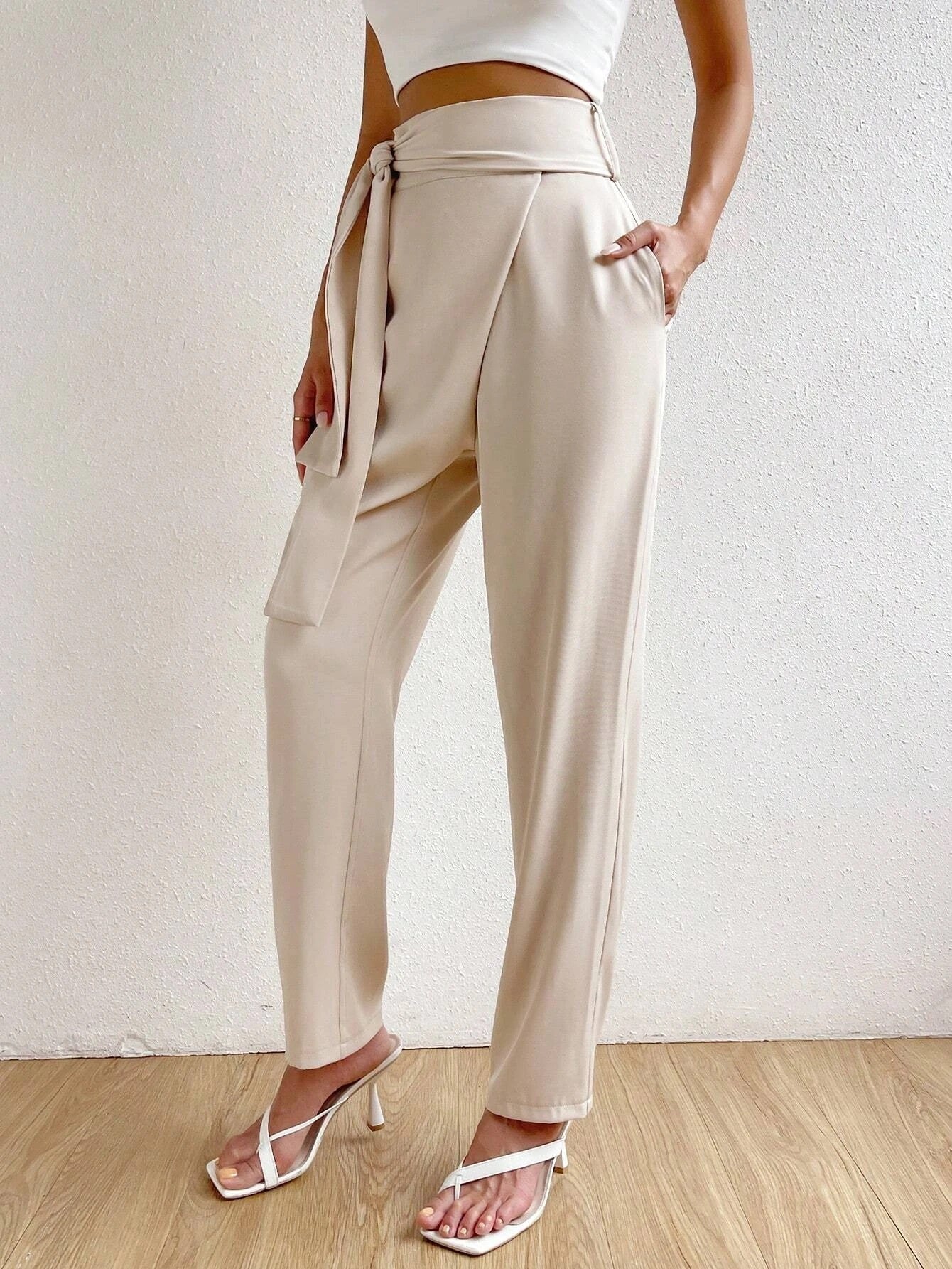 CM-BS306070 Women Trendy Bohemian Style High Waist Solid Tie Front Pants - Apricot