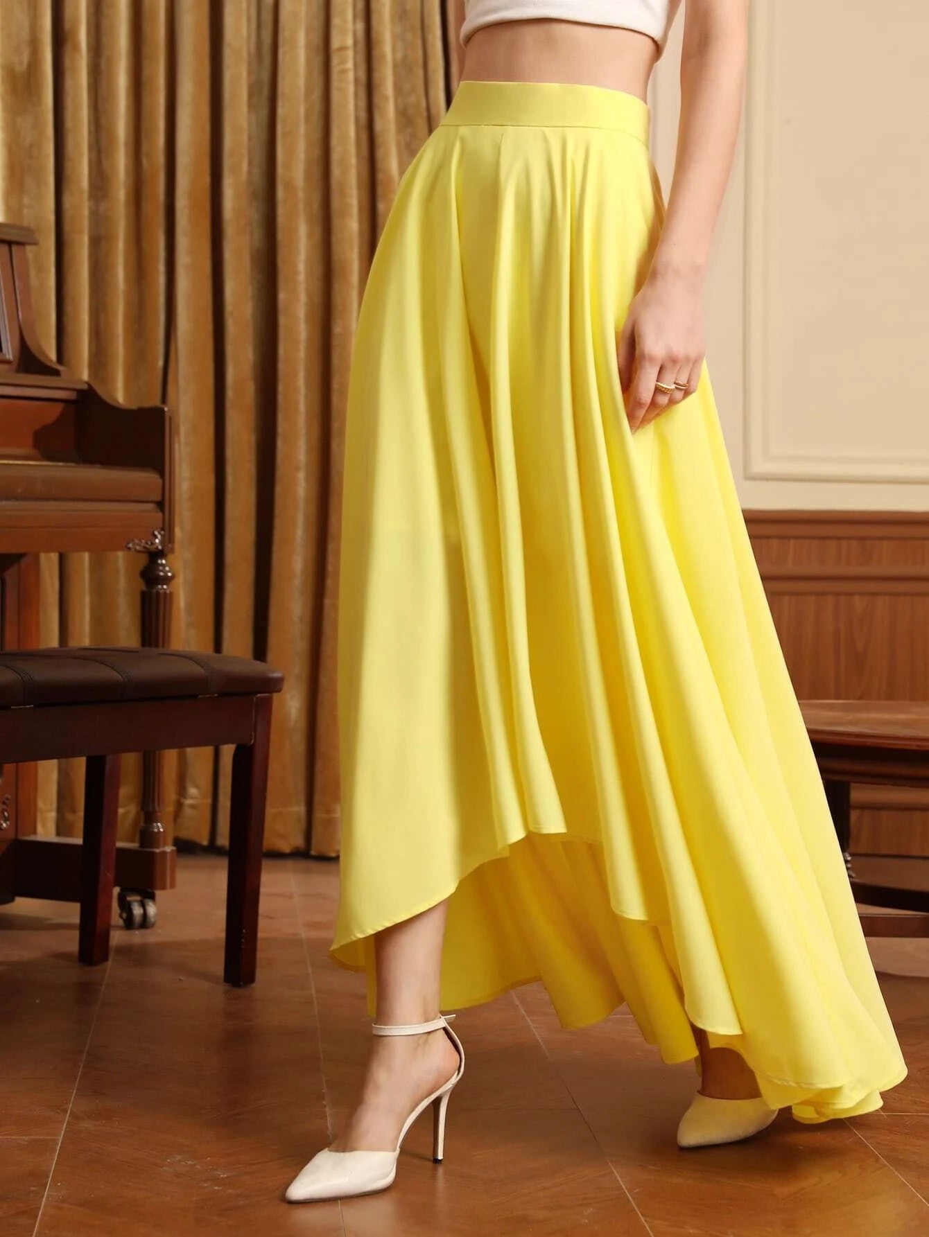 CM-BS964499 Women Trendy Bohemian Style High Waist Asymmetrical Hem Skirt - Yellow