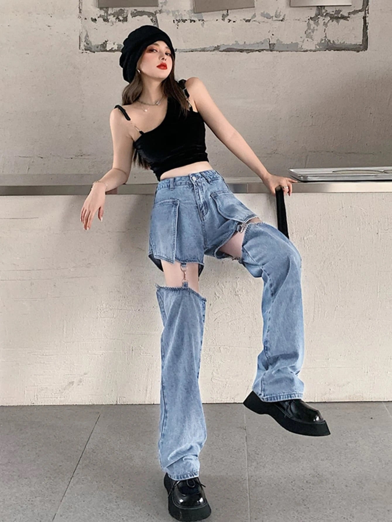 CM-BS621025 Women Preppy Seoul Style Medium Wash High Waist Clasp Detail Jeans