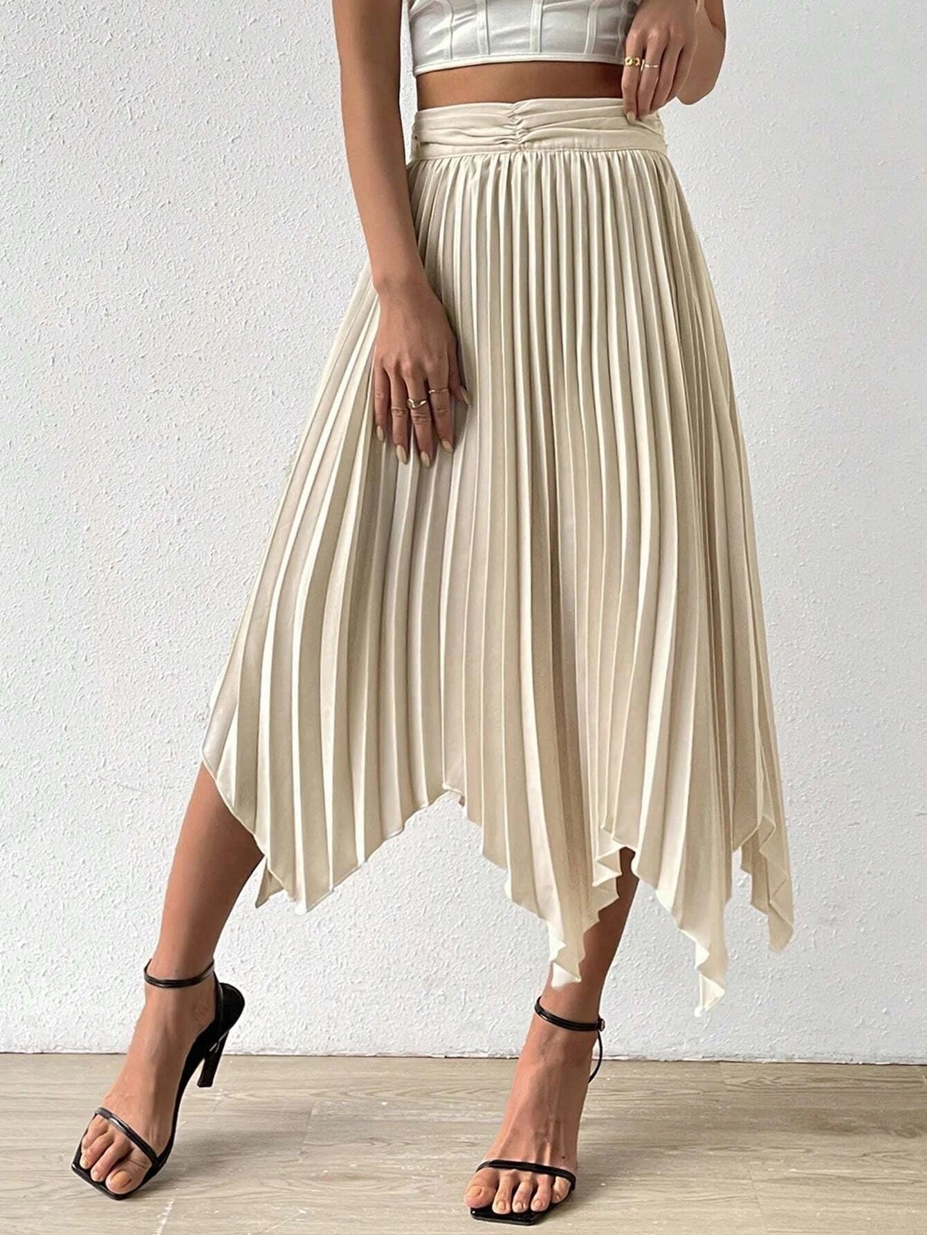 CM-BS059490 Women Casual Seoul Style Solid Hanky Hem Pleated Skirt - Apricot