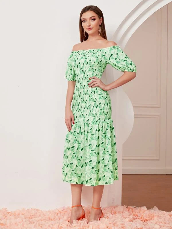 CM-DS816664 Women Casual Seoul Style Allover Print Off Shoulder Puff Sleeve Shirred Dress