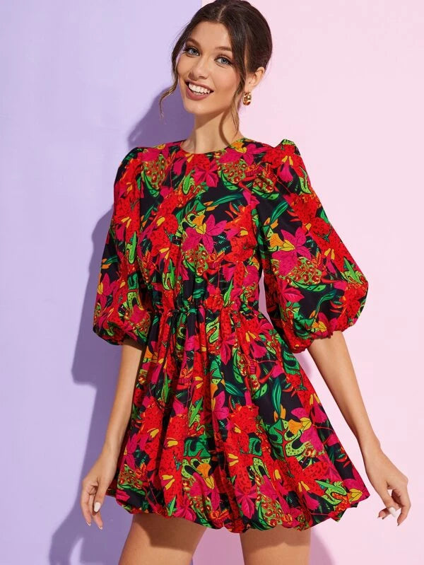 CM-DS961313 Women Trendy Bohemian Style Lantern Sleeve Tropical Print Dress