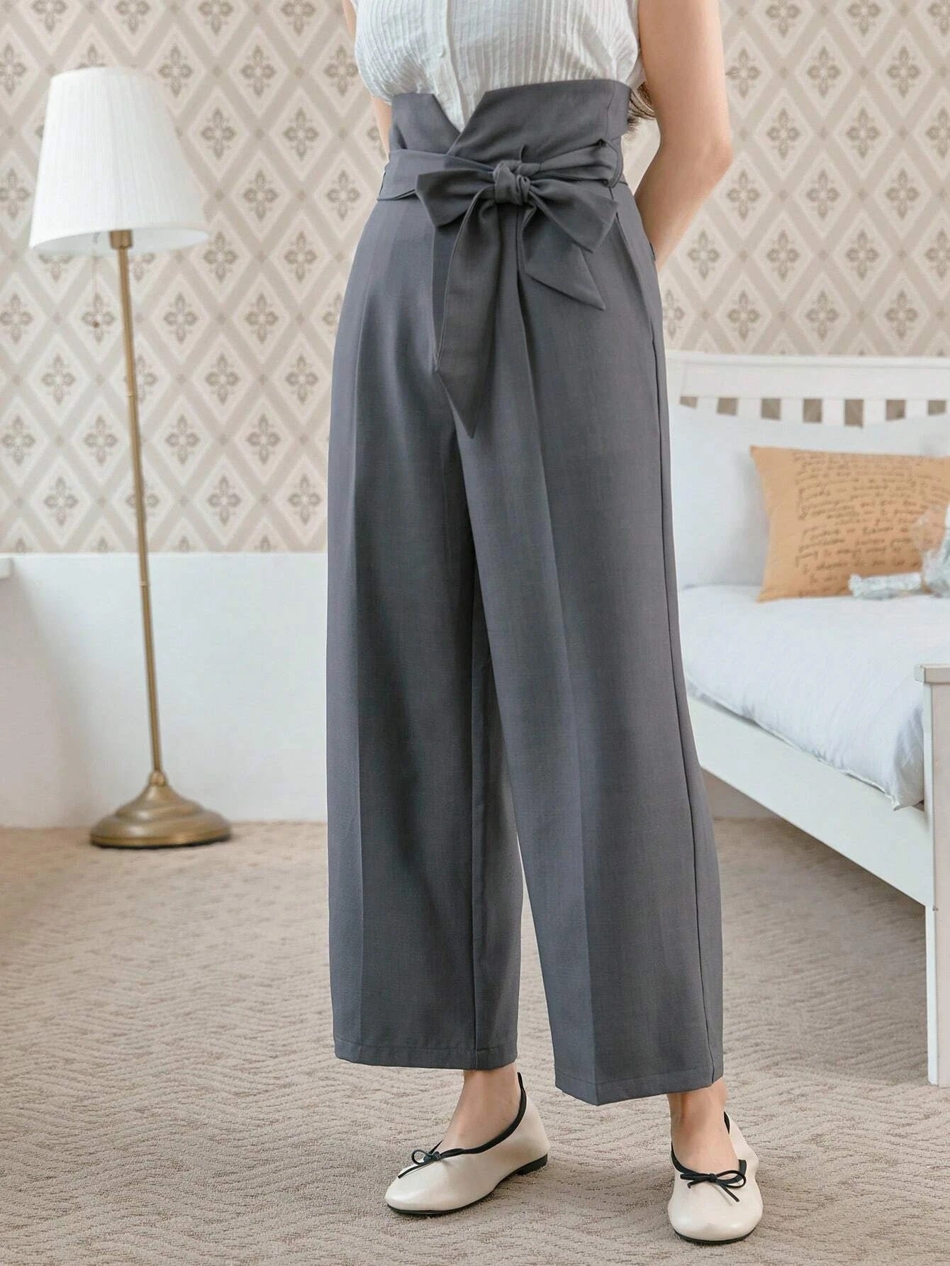 CM-BS646029 Women Casual Seoul Style High Waist Belted Wide Leg Pants - Gray