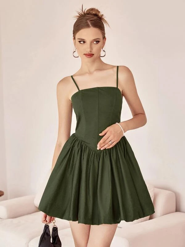 CM-DS210007 Women Elegant Seoul Style Zip Back Flare Hem Cami Dress - Army Green
