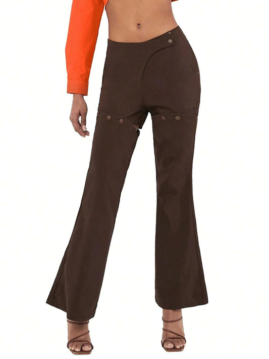 CM-BS644649 Women Casual Seoul Style Solid Button Detail Flare Leg Pants - Chocolate Brown