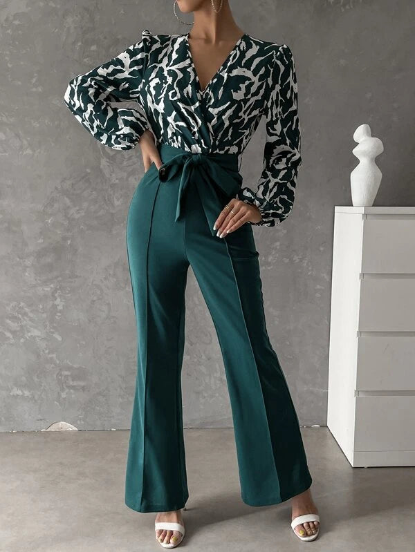 CM-JS264816 Women Casual Seoul Style Graphic Lantern Sleeve Belted Flare Leg Jumpsuit