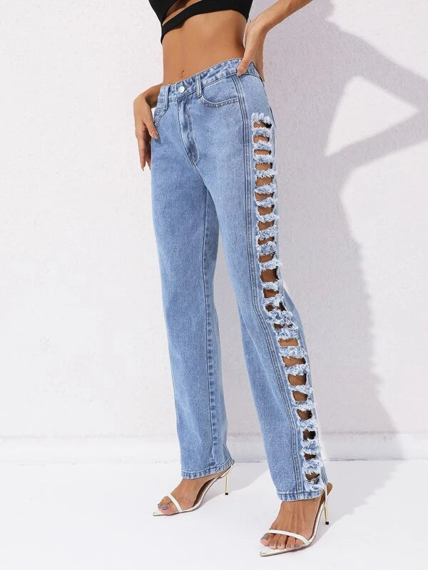 CM-BS888885 Women Elegant Seoul Style Ladder Cut Out Frayed Straight Leg Jeans