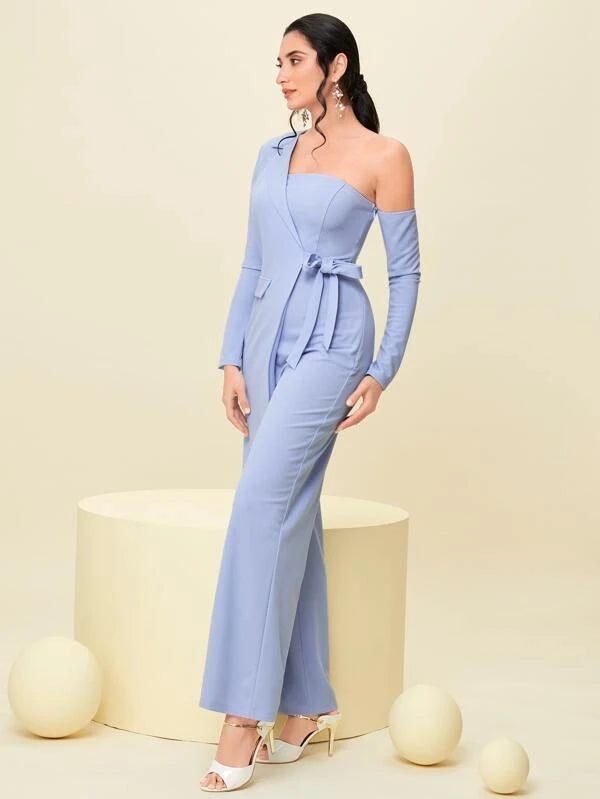 CM-JS800997 Women Elegant Seoul Style Asymmetrical Neck Knot Side Jumpsuit