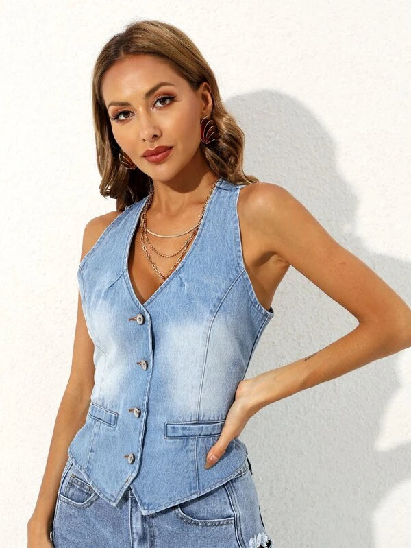 CM-TS880288 Women Casual Seoul Style Sleeveless Button Front Tank Denim Top