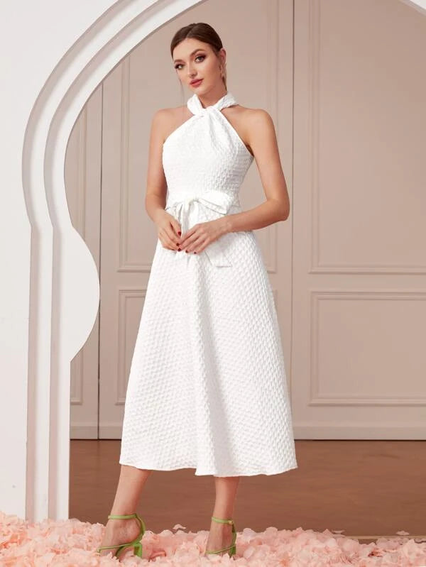 CM-DS085981 Women Elegant Seoul Style Argyle Pattern Belted Halter Dress - White