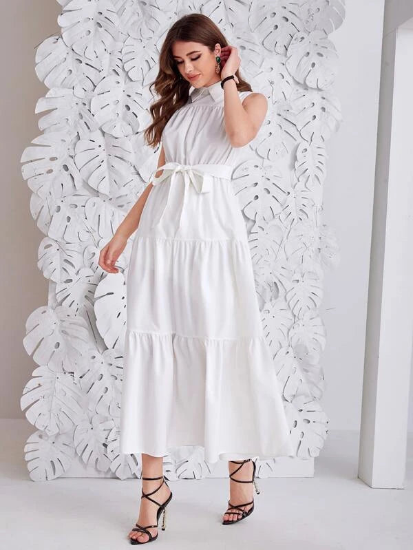 CM-DS863126 Women Casual Seoul Style Sleeveless Keyhole Back Ruffle Hem Belted Dress