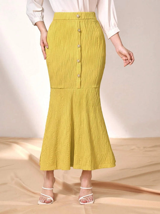 CM-BS588188 Women Elegant Seoul Style Button Front Mermaid Hem Skirt - Mustard Yellow