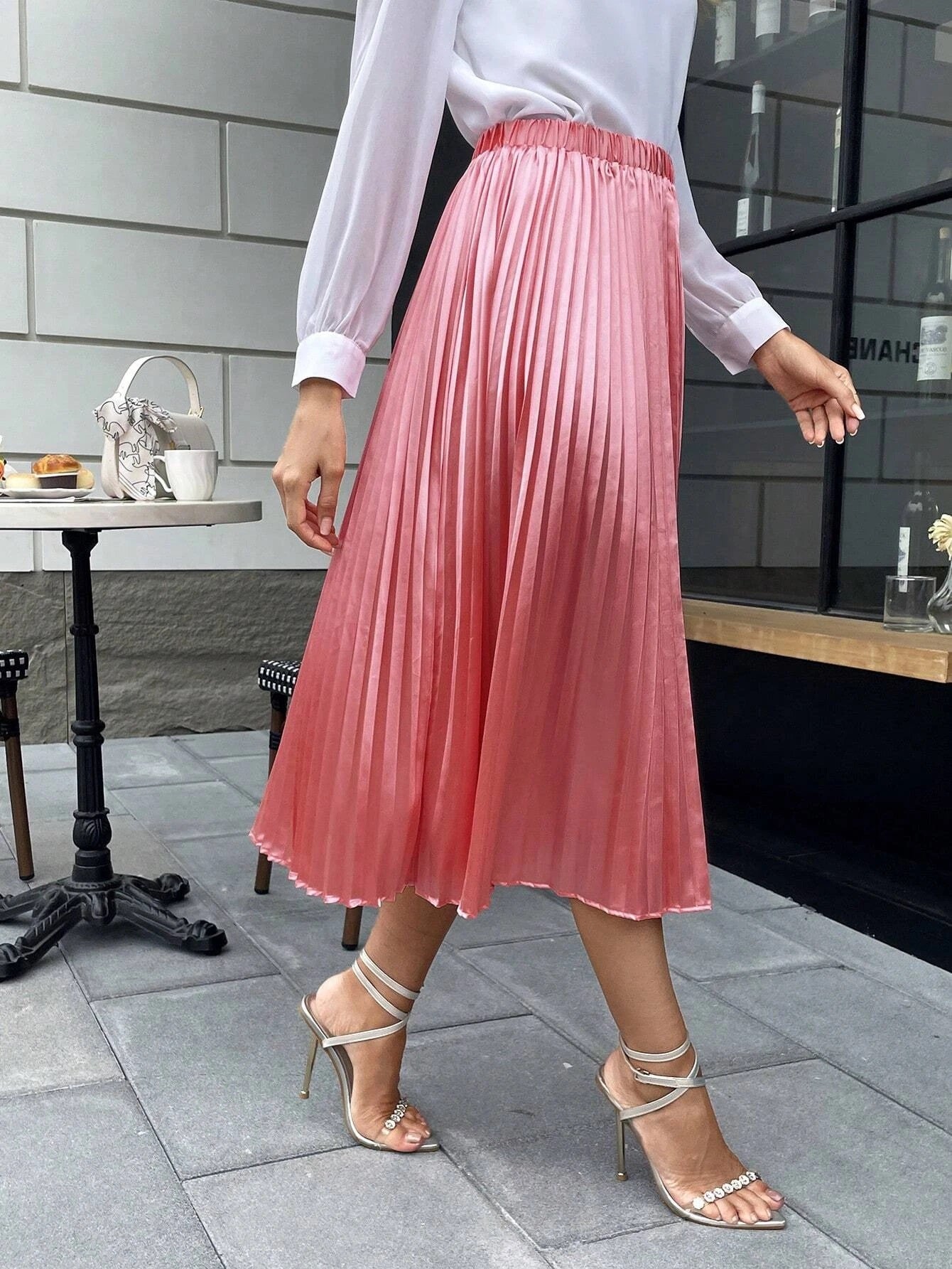 CM-BS177211 Women Elegant Seoul Style High Waist Solid Pleated Skirt - Pink