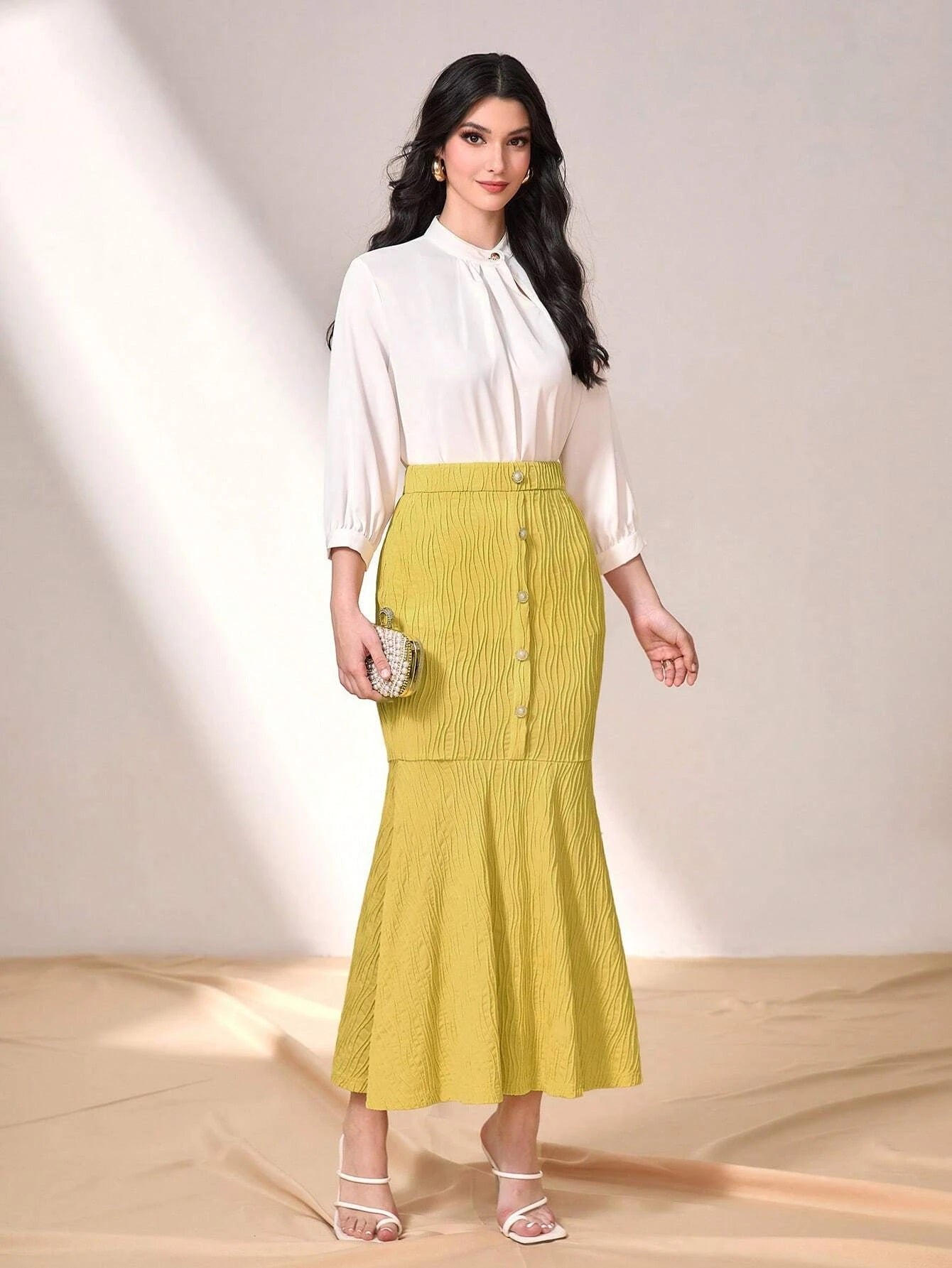 CM-BS588188 Women Elegant Seoul Style Button Front Mermaid Hem Skirt - Mustard Yellow