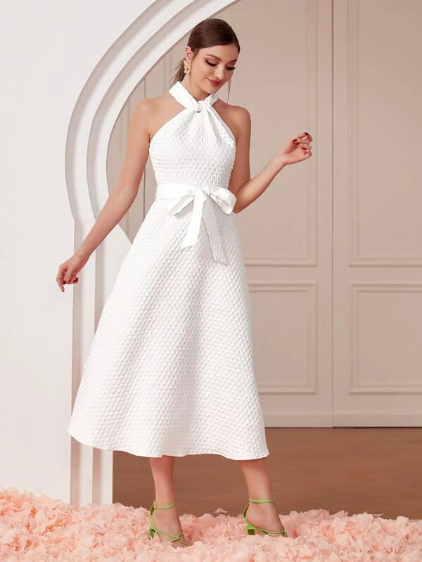 CM-DS085981 Women Elegant Seoul Style Argyle Pattern Belted Halter Dress - White