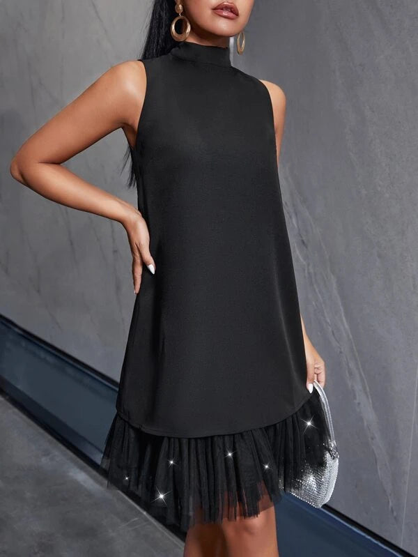 CM-DS302005 Women Elegant Seoul Style Contrast Mesh Hem Mock Neck Sleeveless Dress