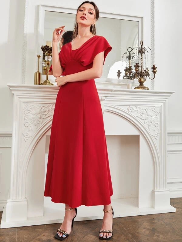 CM-DS481444 Women Elegant Seoul Style Solid Fold Pleated Detail A-Line Dress - Red