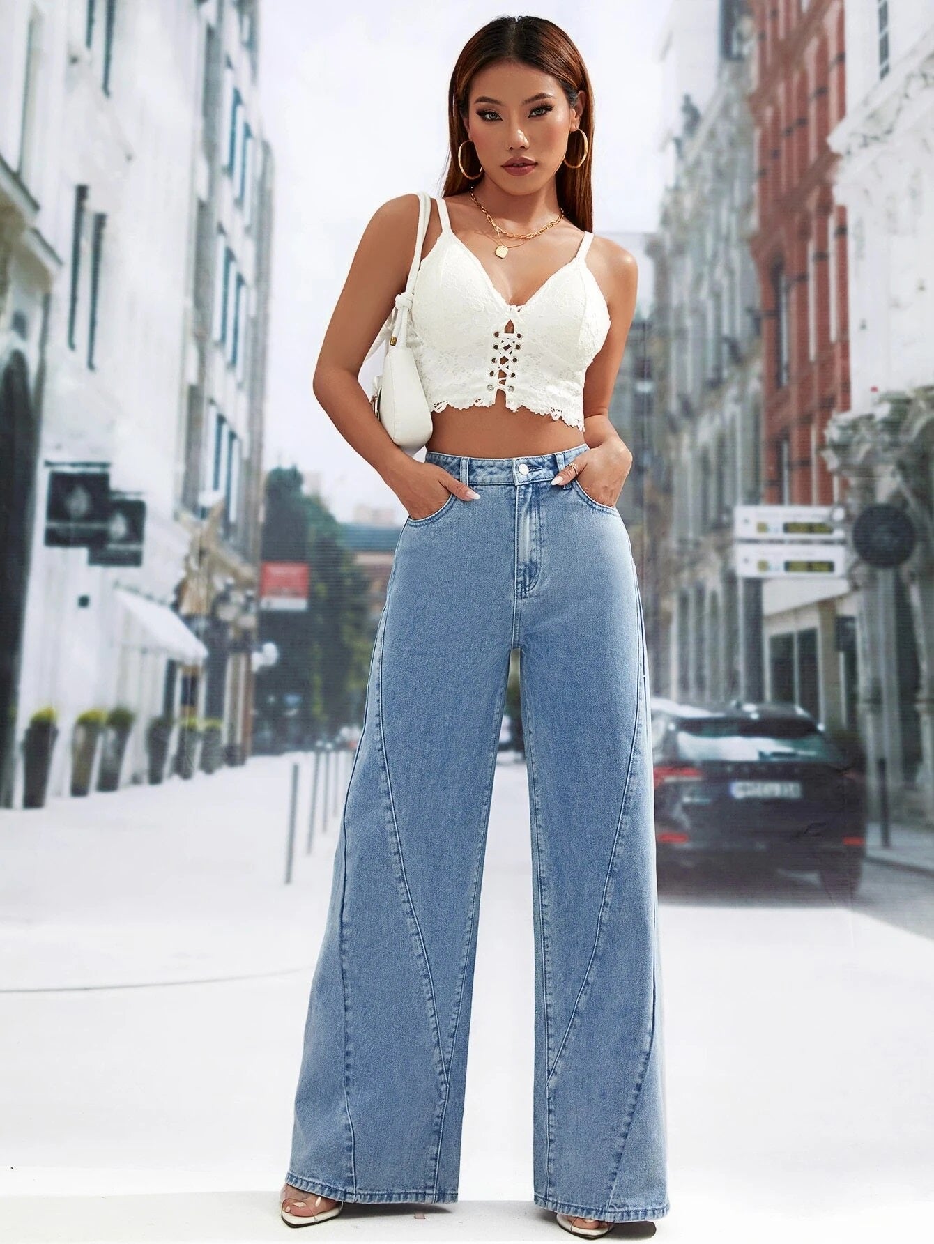 CM-BS559485 Women Preppy Seoul Style Light Wash High Waist Wide Leg Jeans