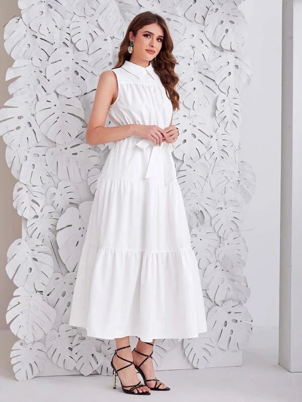 CM-DS863126 Women Casual Seoul Style Sleeveless Keyhole Back Ruffle Hem Belted Dress