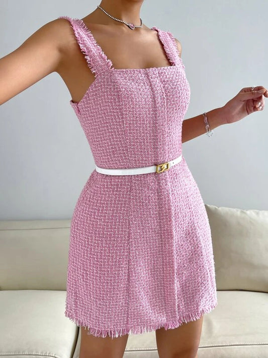 CM-DS632802 Women Elegant Seoul Style Sleeveless Raw Trim Tweed Dress - Baby Pink