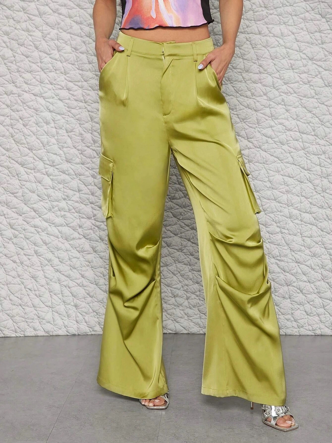 CM-BS137887 Women Casual Seoul Style Satin Flap Pocket Side Wide Leg Cargo Pants